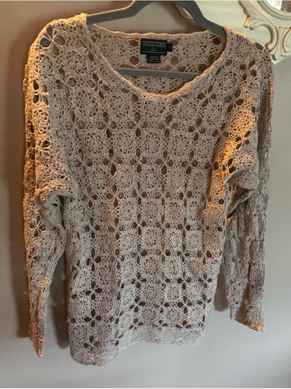 J. McLaughlin for Sanyo Open Crochet Long Sleeve Top Beige Sz M Beach Coastal